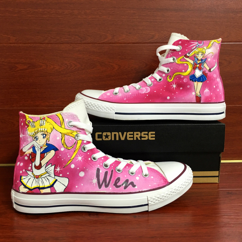 Anime Sailor Moon Design Converse All Star Hand Painted Shoes Pink Sneakers