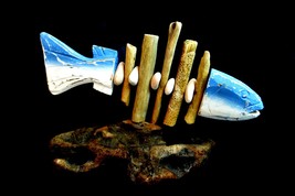 Beautiful Unique Blue Wooden Handmade Fish Drift Wood Art Table Top Sculpture - $24.74