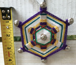 Vtg Boho Handcrafted Atomic Fiber Art 4&quot; Wall Decor Woven Medallion Prpl... - $17.43