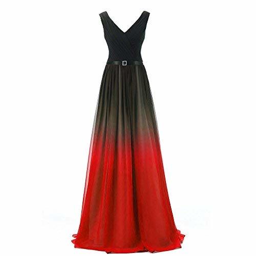V Neck Long A Line Gradient Chiffon Formal Sash Prom Evening Dresses Black Red U