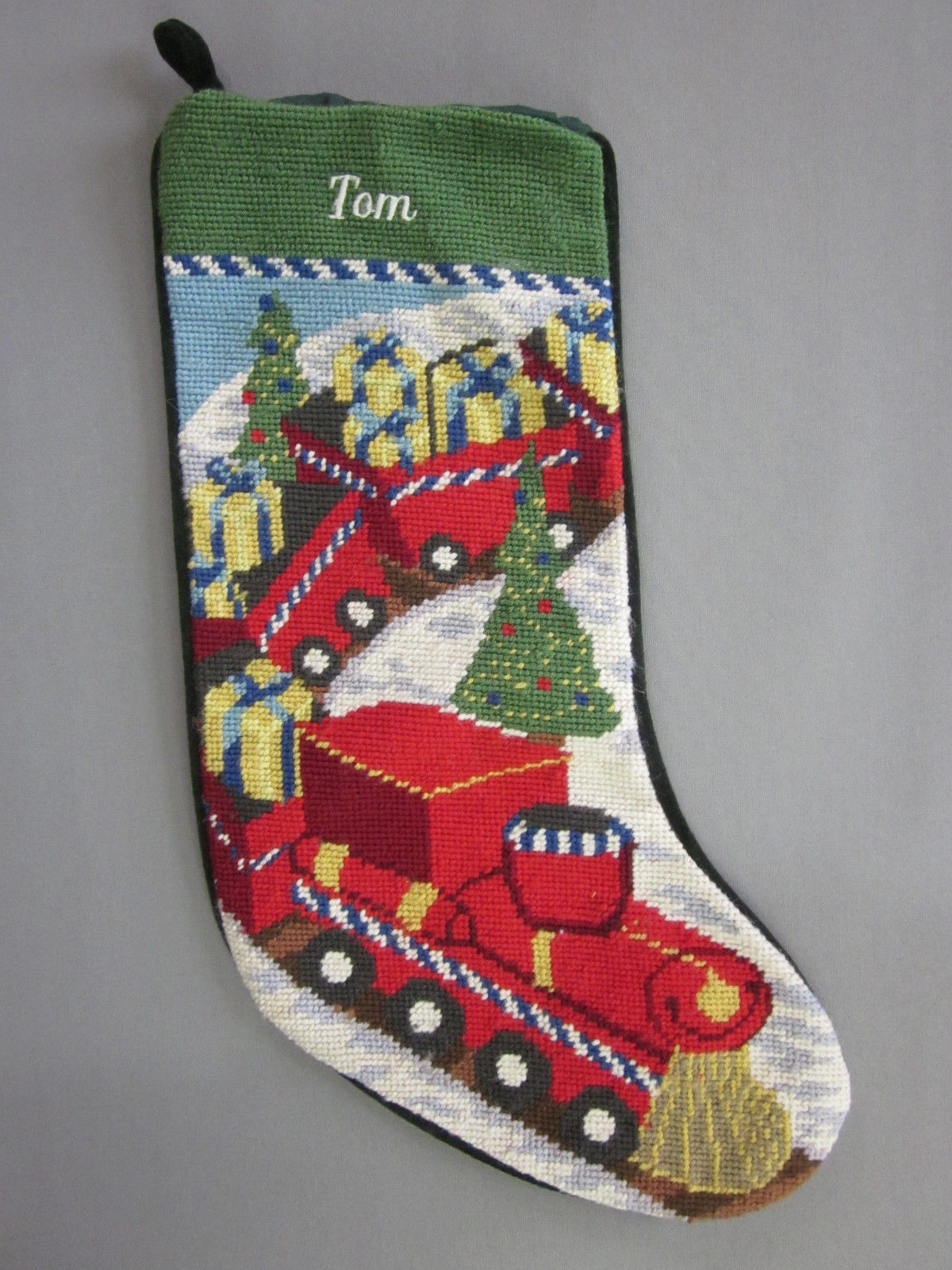 Lands End Needlepoint Christmas Stocking TOM Monogrammed Toy Train New