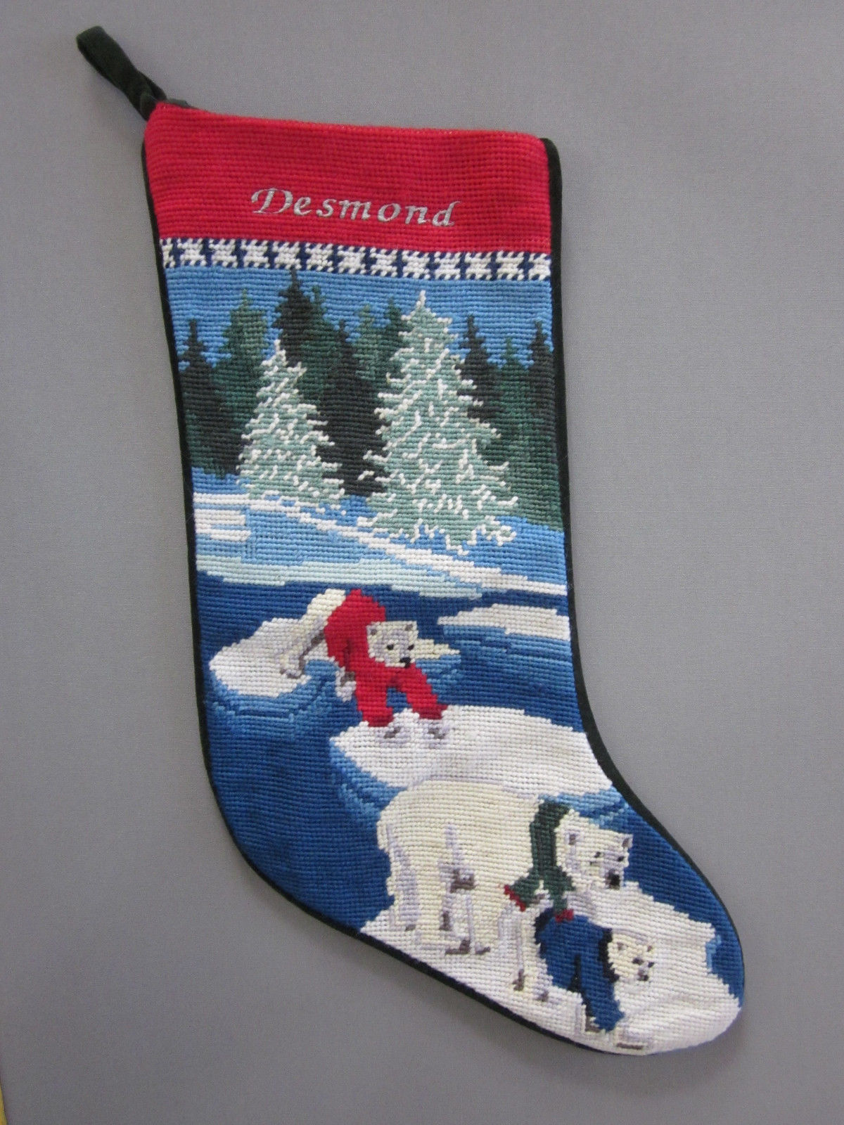 Lands End Christmas Needlepoint Stocking DESMOND Monogrammed Polar Bear