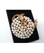 LISNER Pearl and Rhinestone Spray WREATH BROOCH Pin in Gold tone - 2 inches - $56.00