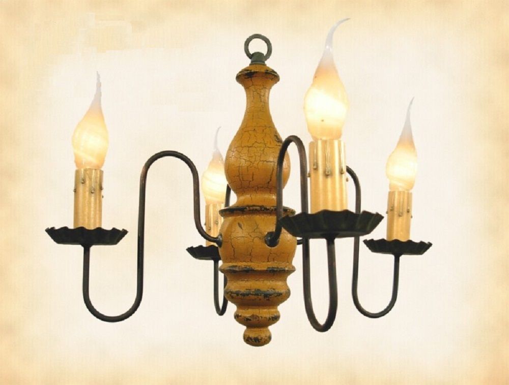"ABIGAIL" WOOD COLONIAL CHANDELIER Mustard with Black Handmade 4 Arm