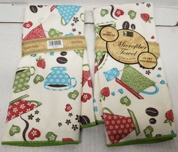 Set of 2 Microfiber Printed Kitchen Towels(15&quot;x25&quot;)COFFEE CUPS,HEARTS &amp; ... - $10.88