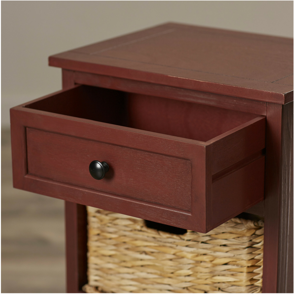 Storage End Table Drawer 2 Baskets Wooden Nightstand Furniture Red