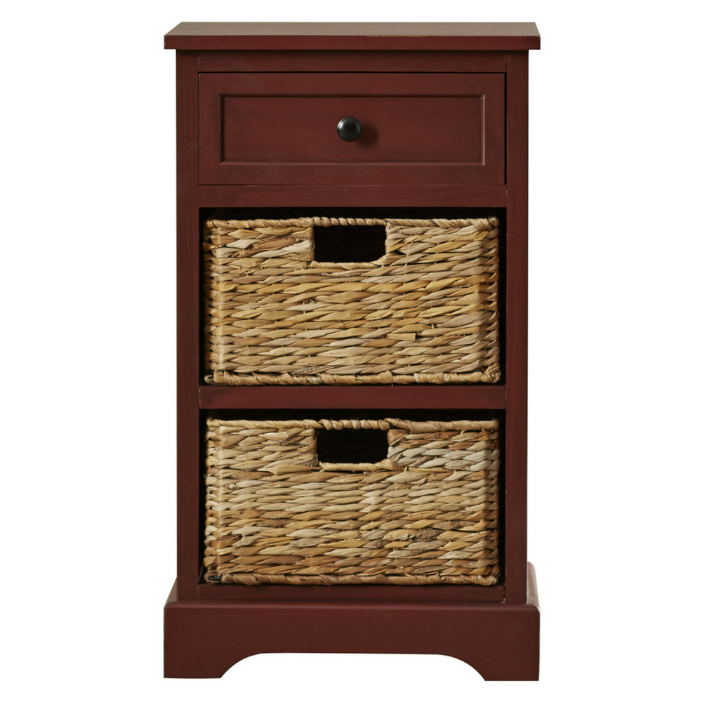 Storage End Table Drawer 2 Baskets Wooden Nightstand 