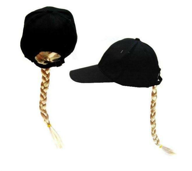 NOVELTY BASEBALL HAT WITH LONG BLONDE BRAIDED PONYTAIL HAIR costume dressup