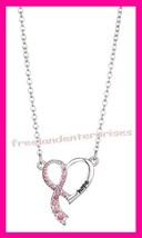 Breast Cancer Crusade Heart Ribbon Necklace Silvertone & Pink NIB - $12.82