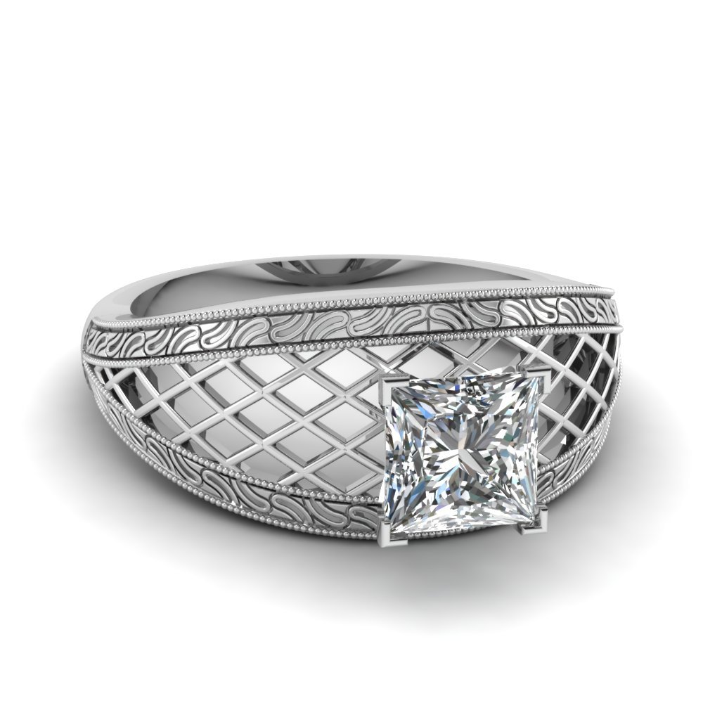 0.90 Ct Princess Cut Cubic Zirconia Checkered Dome Ring 18K White Gold Plated