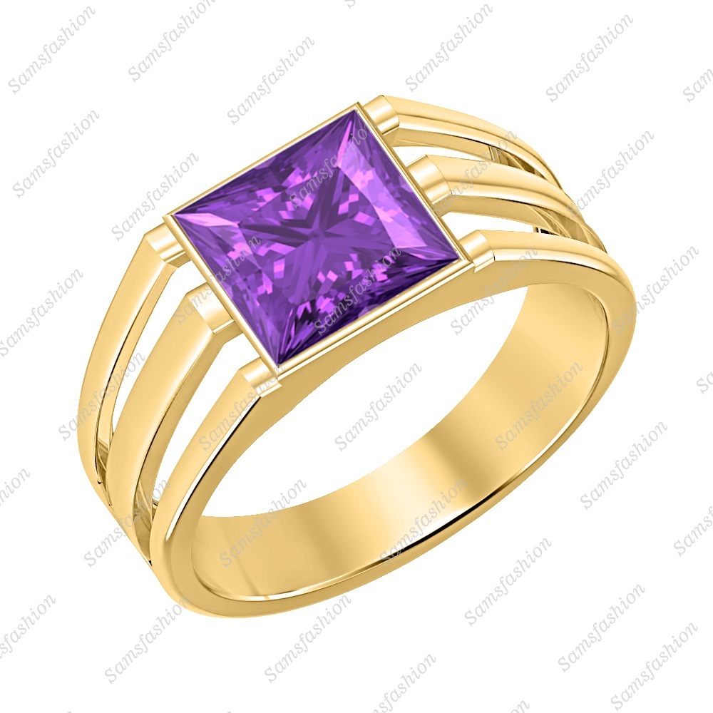 3.00 Ct Princess Cut Amethyst 14k Yellow Gold Over .925 Silver Men's Ring