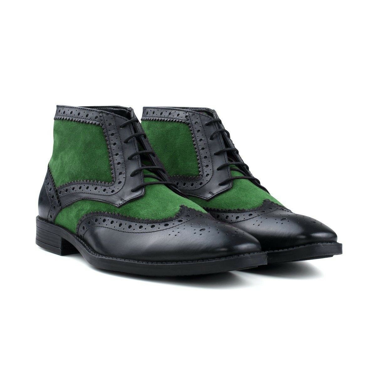Men Black Green Brogue Toe Wing Tip Tweed Suede Leather High Ankle Boots US 7-16