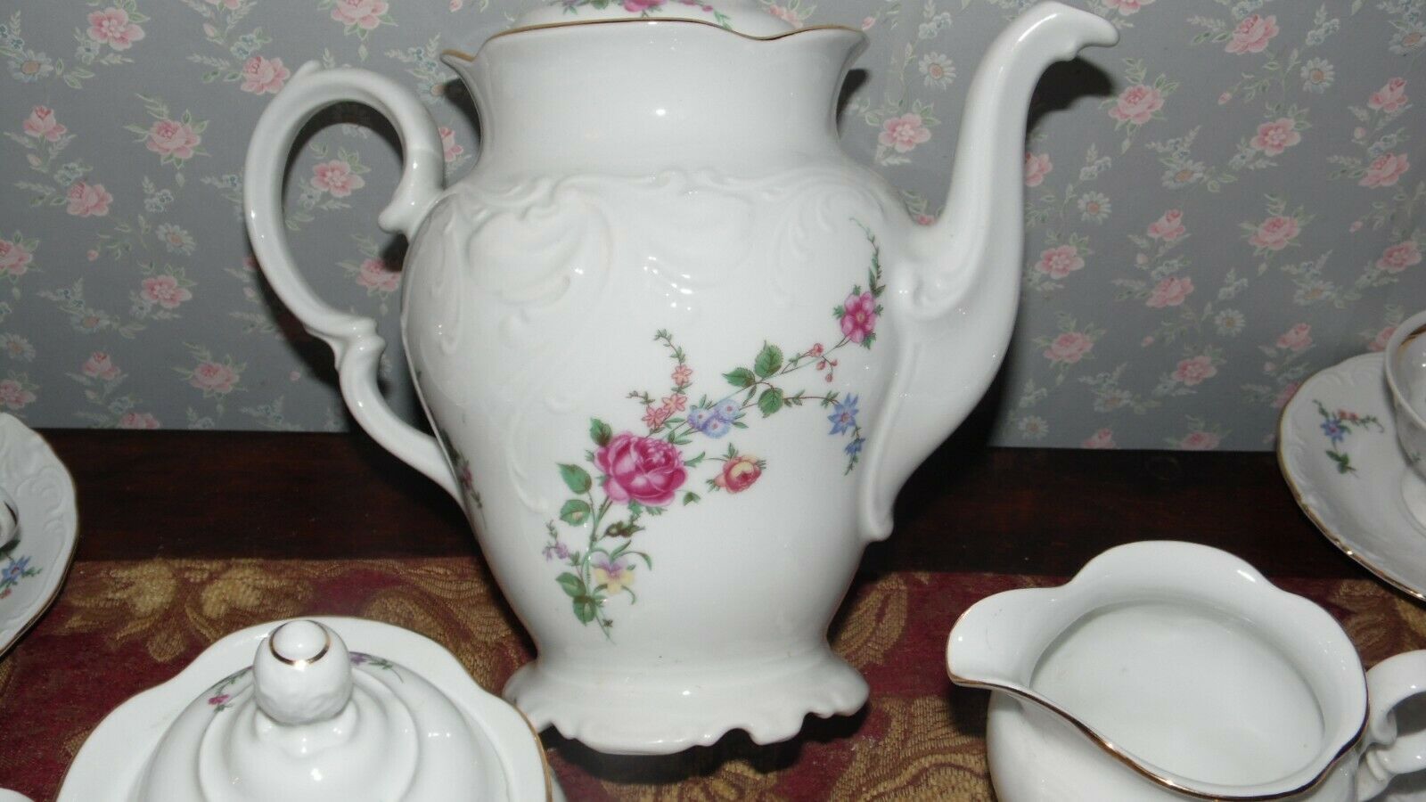 VINTAGE WAWEL CHINA MADE IN POLAND PINK FLORAL ROSES TEA SET 21 PCS. 8