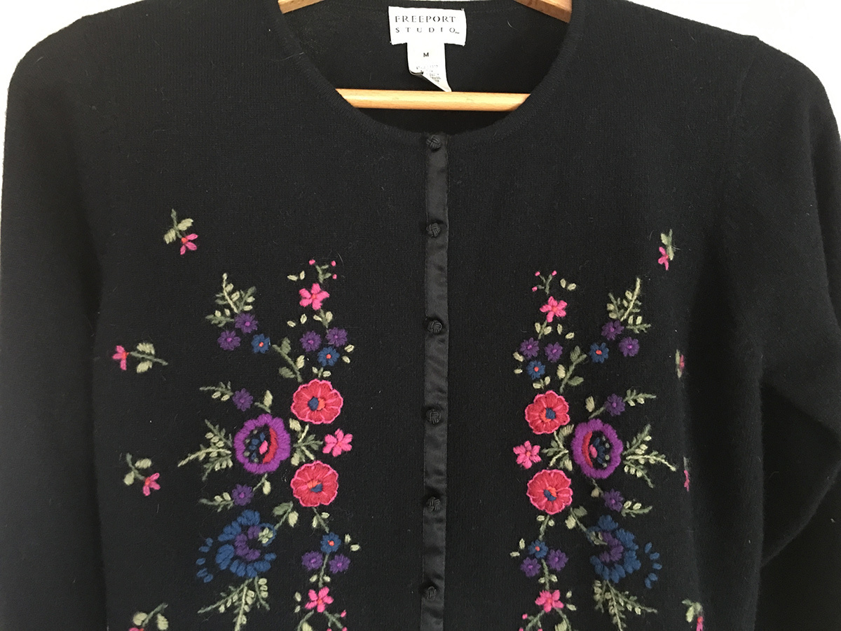 Freeport Studio/LL Bean Black Cardigan Sweater Embroidered Flowers Size ...