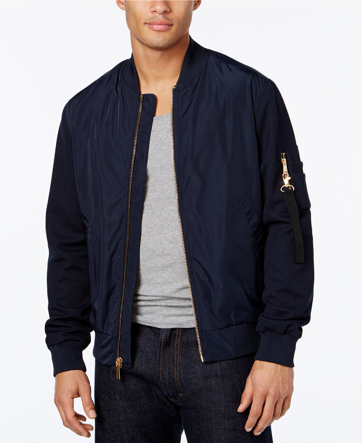 Image of Sean John Men's Navy Blue Pique Sleeve Zip-Side Pocket Bomber Jacket, Large