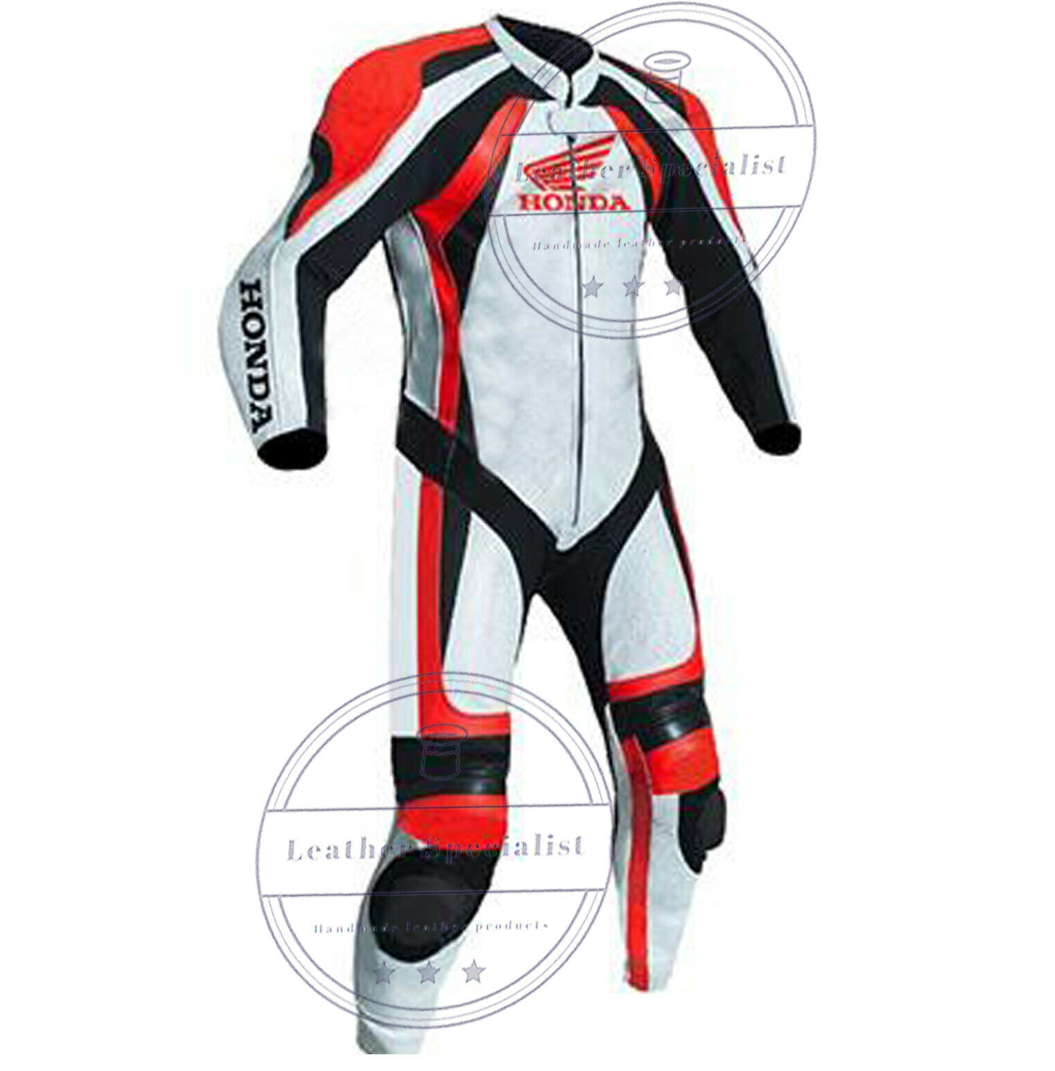 Men's Handmade Honda White & Red Motorcycle Racing Leather Suit with