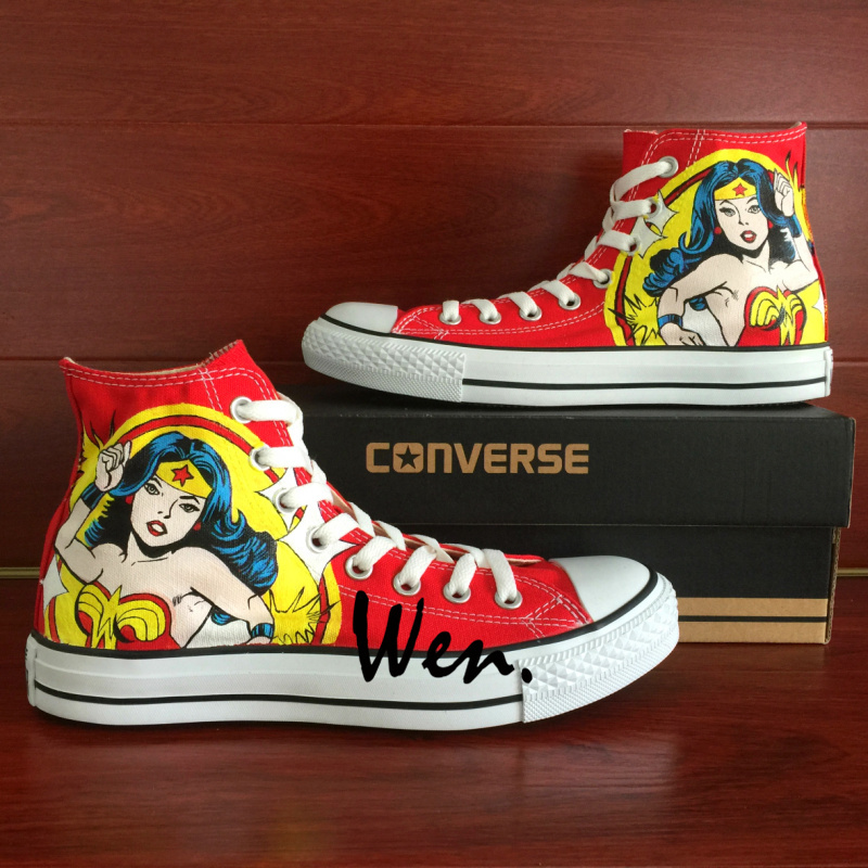 Men Women's Sneakers Red Converse All Star Hand Painted Shoes Wonder Woman