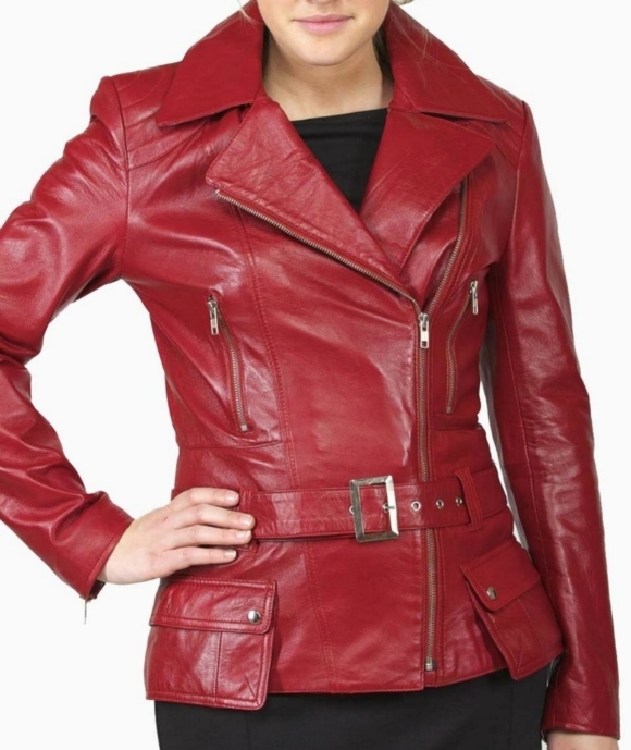 Women Red Brando Belted Leather Jacket with Extra Front Pockets Coats