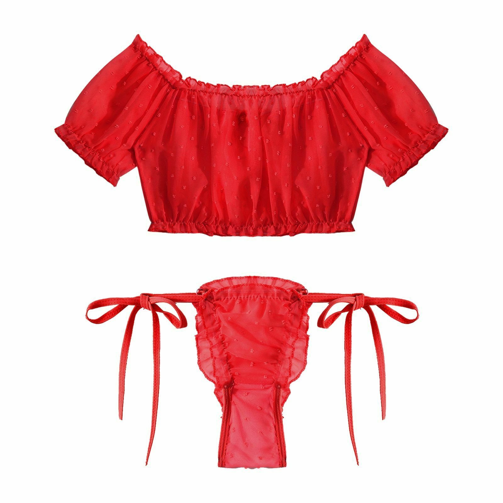 Men's Lingerie Set Two-piece Off Shoulder Ruffled Low Rise Lace-up Frilly Thongs
