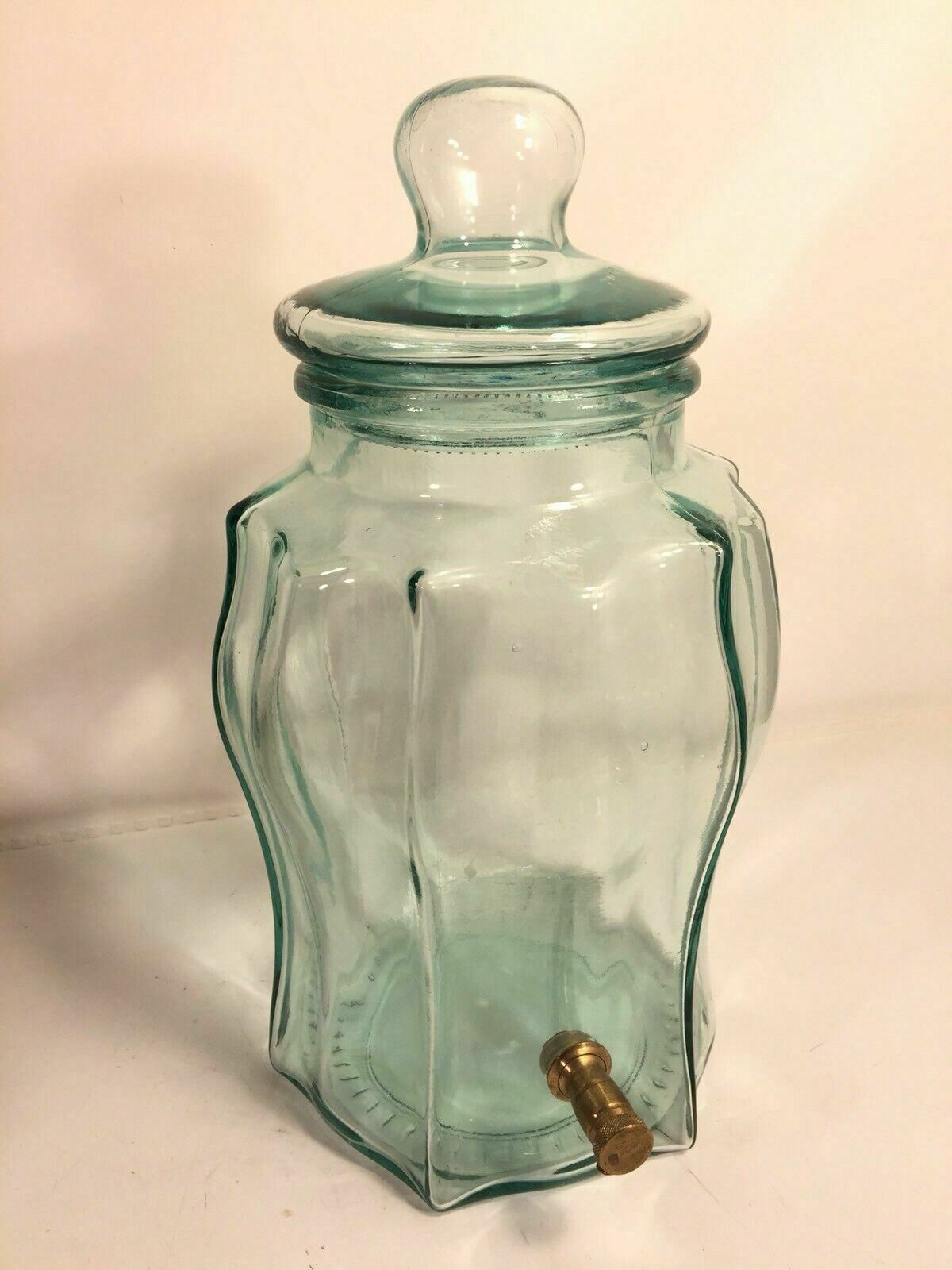 Green Glass Drink Dispenser Brass Spigot Vintage Bar Beverage Jar Made In Italy Beverage Items