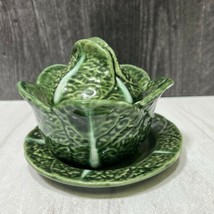 Vtg  Faiancas Belo Green Cabbage Covered Condiment Bowl Portugal W Under... - $27.72