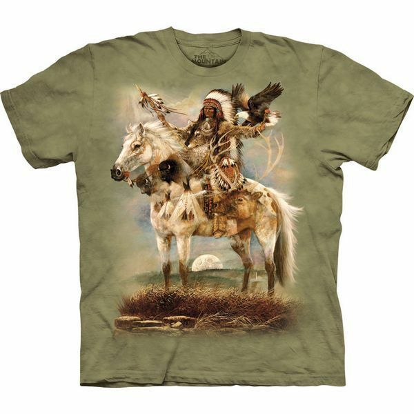 Native American Spirit Horse Green Wolf Eagle Bison T-Shirt Mountain Cotton S-5X