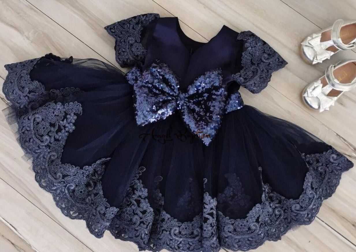 Navy Blue Dress for Infant Girls Blue Embroidered Hems Luxury Wear Baby Dress Dresses