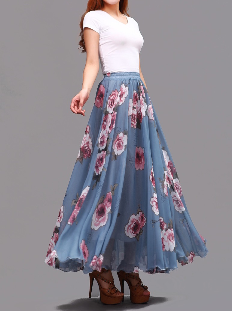 FLORAL Chiffon Long Skirt Dusty Blue Flower Silk Chiffon Skirt Summer ...