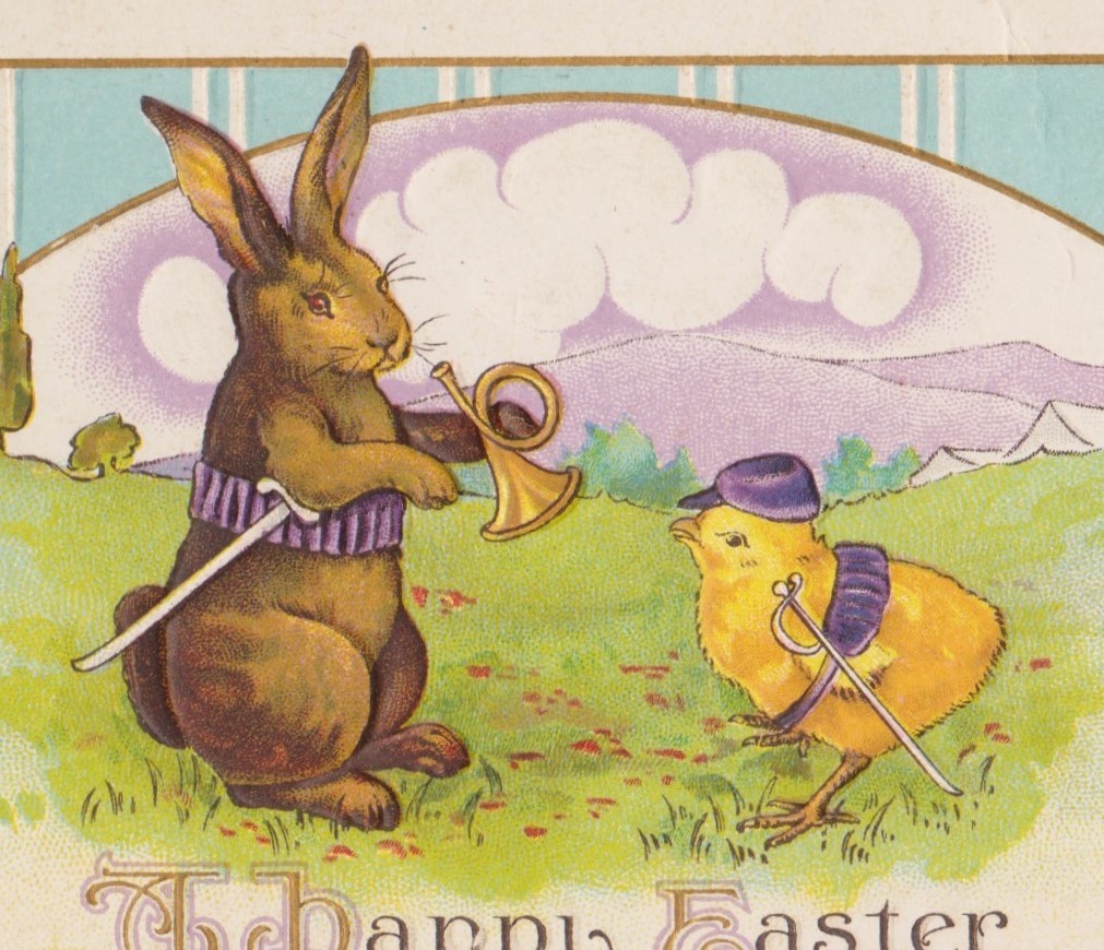 Primary image for BARGAIN BIN Brown Rabbit & Soldier Chick With Swords Antique Easter Postcard