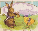 BARGAIN BIN Brown Rabbit & Soldier Chick With Swords Antique Easter Postcard