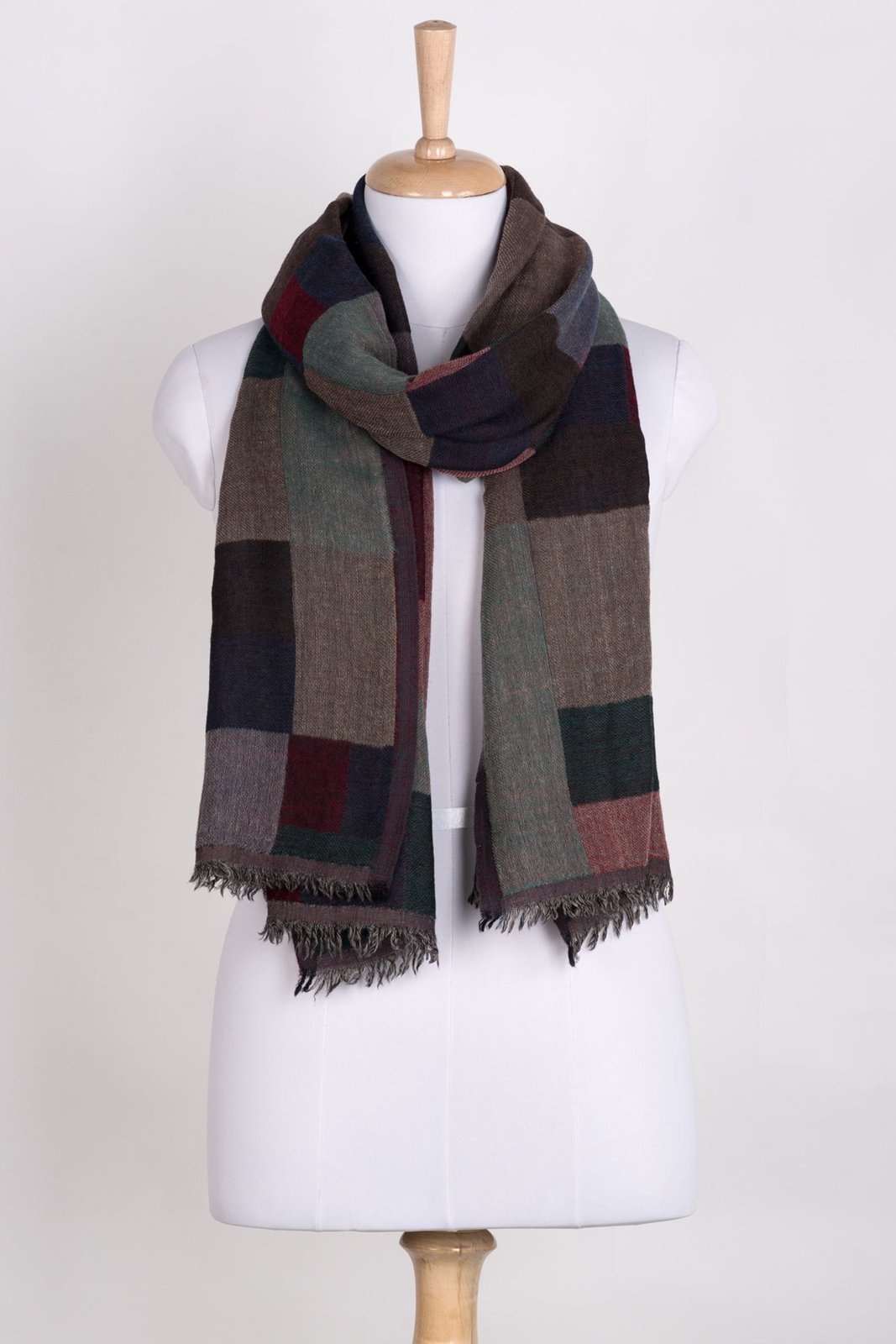 Mix Checks Jacquard Merino Wool Scarf - Red Blue Multi - Scarves & Wraps