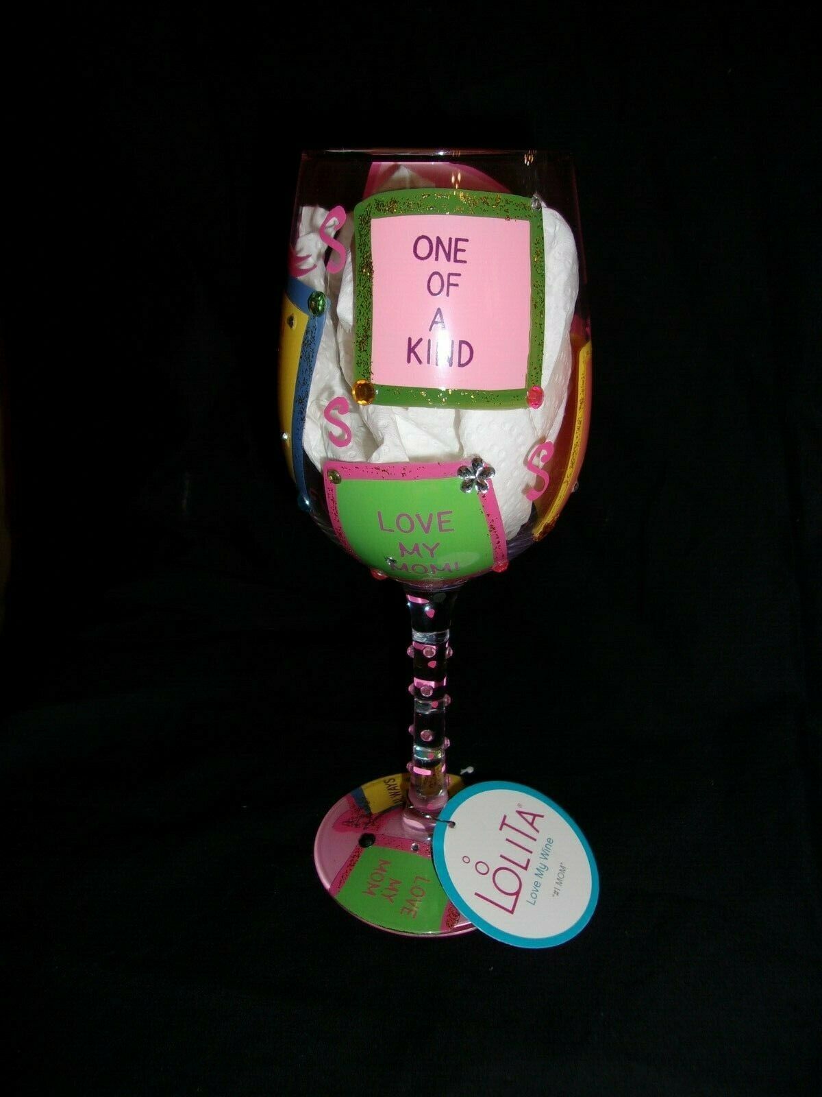 Lolita Love My Wine "Wine Tasting" Artisan Hand Painted 15 oz Wine Glass-New 