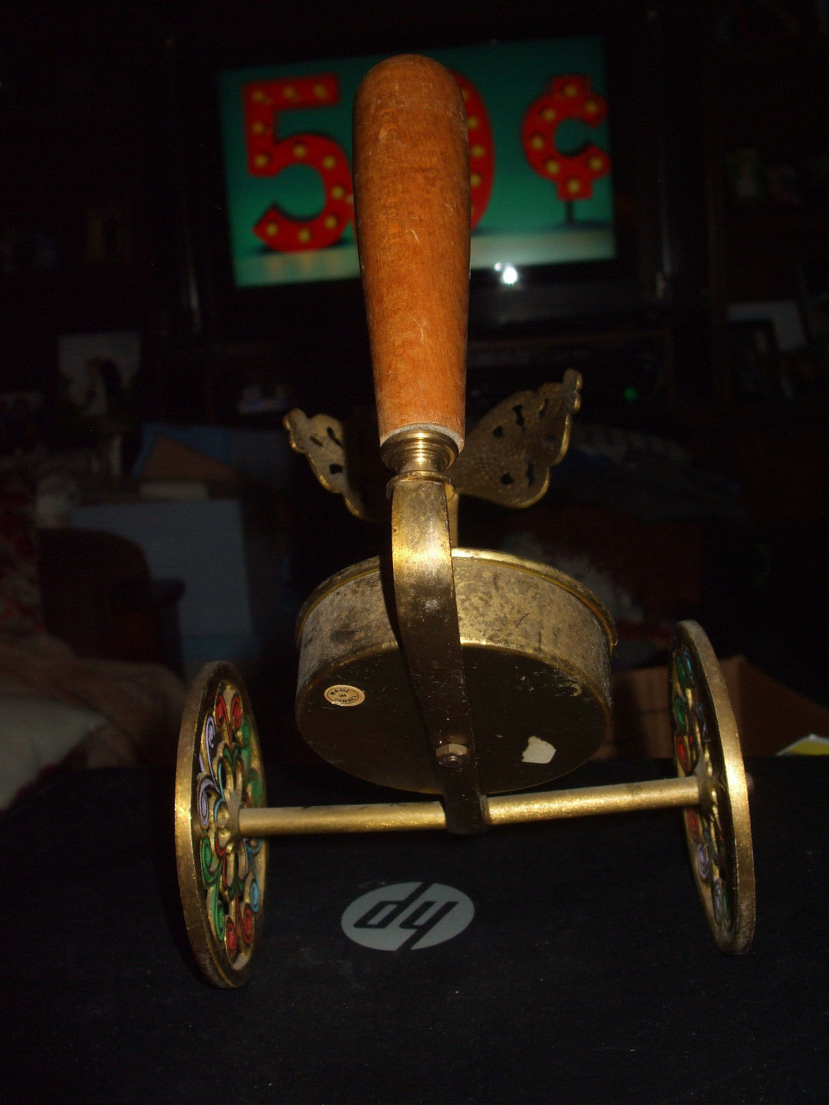 Vintage Israeli Brass Wine Bottle Pourer Holder Stand w/Wood Handle