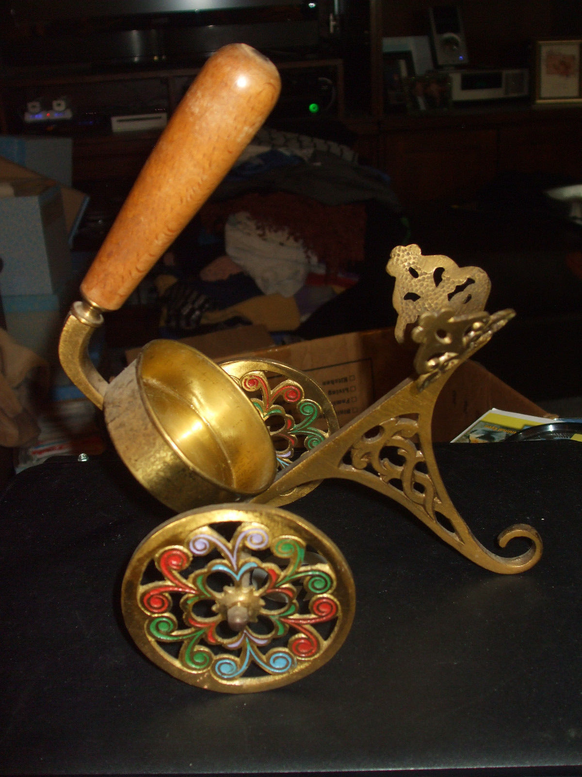 Vintage Israeli Brass Wine Bottle Pourer Holder Stand w/Wood Handle