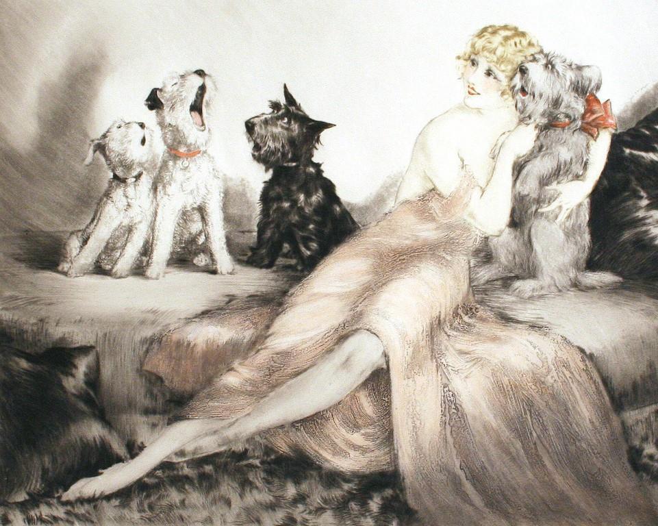 Black poodle dog blonde lady negligee in bed Art Deco 5 x 7 photo print