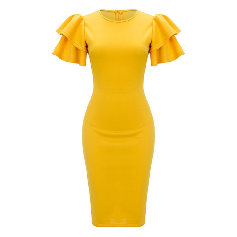 Yellow O-Neck Short Puff Sleeve Knee-Length Club Dresses