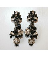Vintage Dangle Black Bead &amp; Clear Crystal Ball Clip Earrings J397 - $34.00
