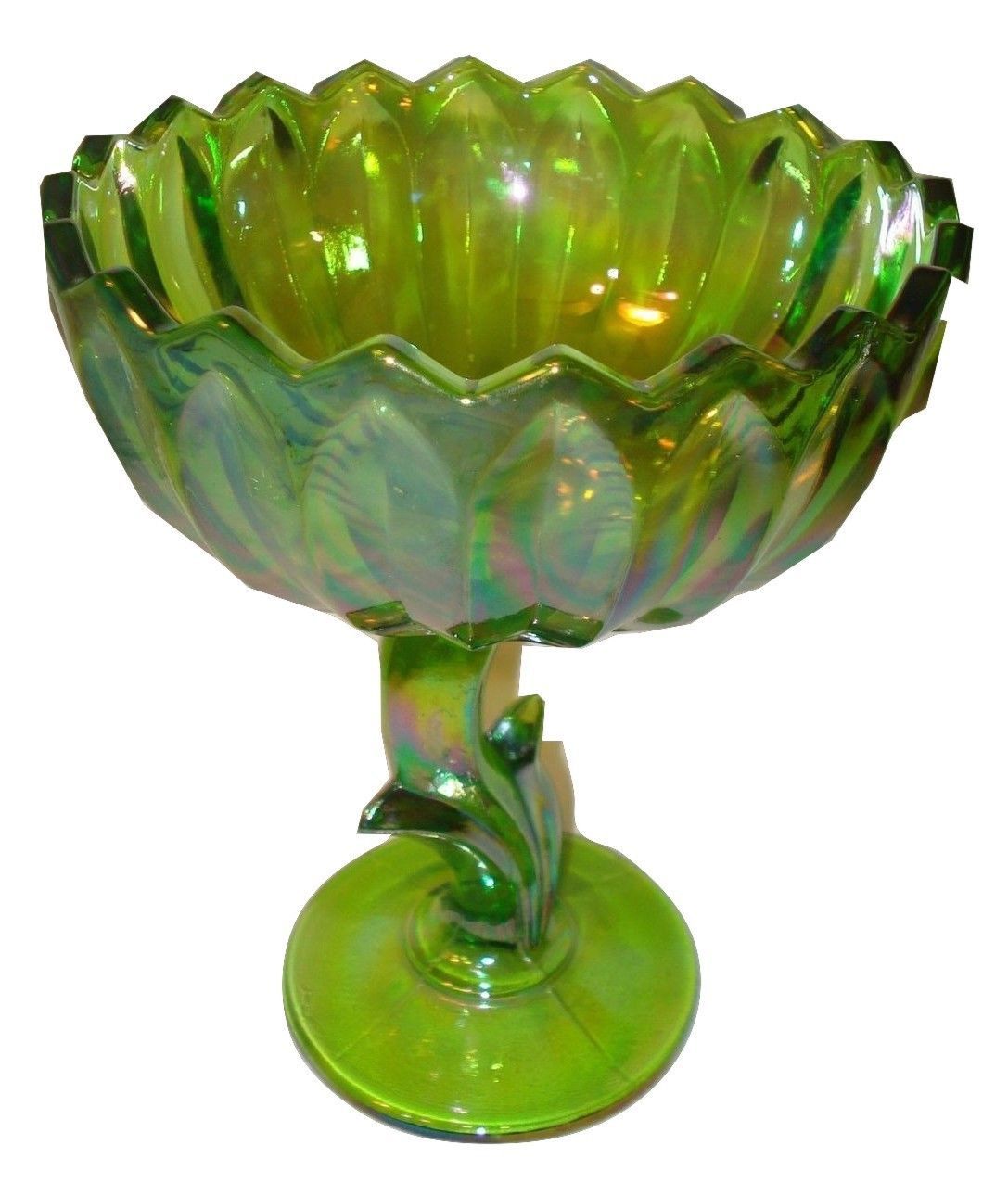 Indiana Carnival IRIDESCENT Green Glass Lotus Flower Footed Pedestal