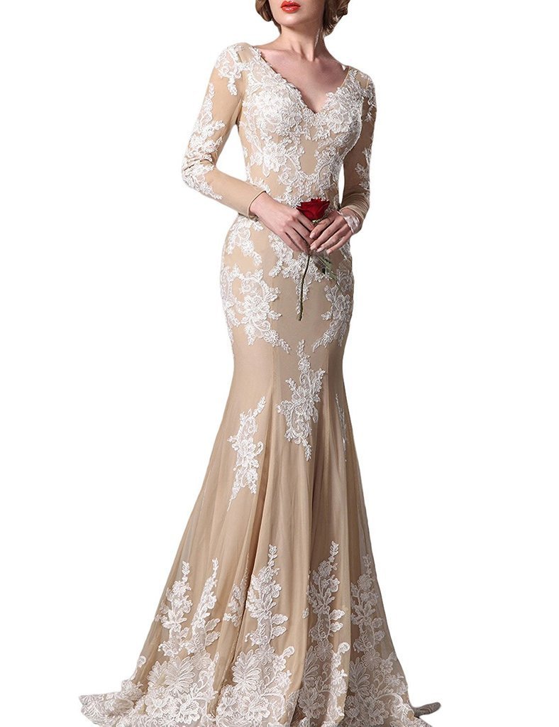 Image of Fanmu V-Neck Mermaid Long Sleeves Prom Dresses Evening Gowns Champagne US plus