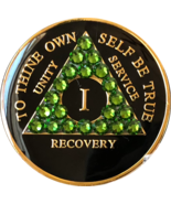 Fern Green Swarovski Crystal AA Medallion Black Tri-Plate Sobriety Chip ... - $18.99