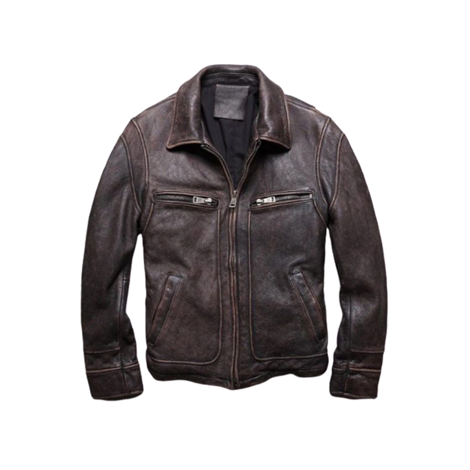 Men's Dark Brown Distressed Shirt Collar Vintage Real Leather Jacket