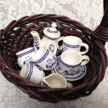 Vintage, Blue Willow, 13pc Child’s Tea Set -  Brown Wicker Basket - $94.95