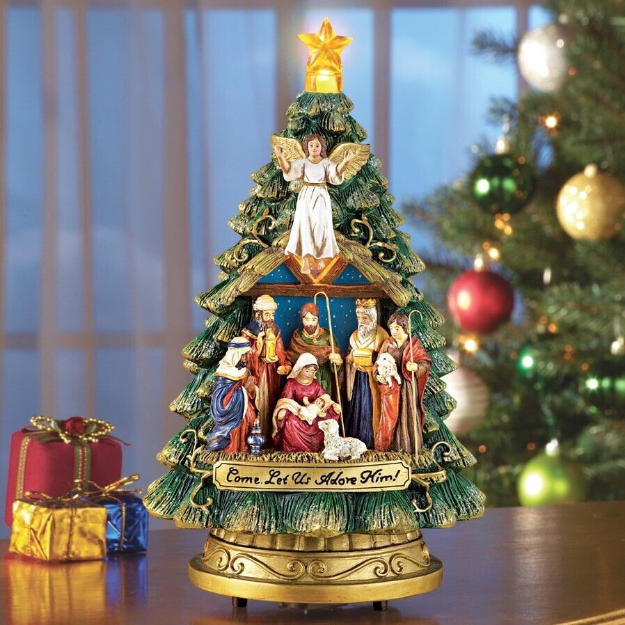 Lighted Musical SILENT NIGHT Nativity Scene Christmas Tree Tabletop Decoration