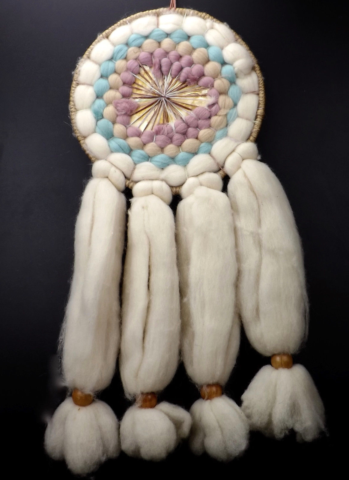 Vtg 80s Fiber Art Wall Hanging Dream Catcher Wool Mixed Media Rabbit