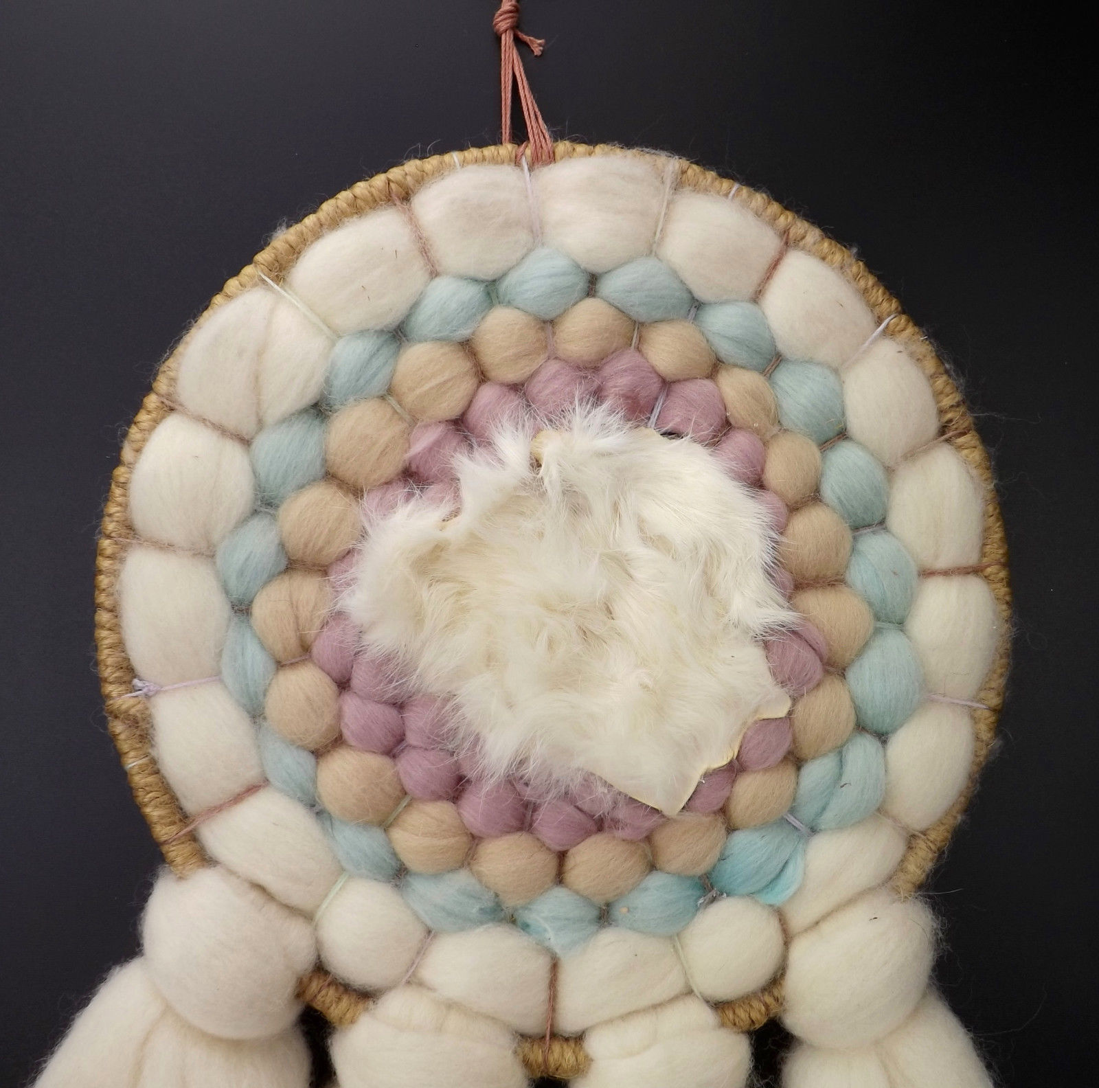 Vtg 80s Fiber Art Wall Hanging Dream Catcher Wool Mixed Media Rabbit