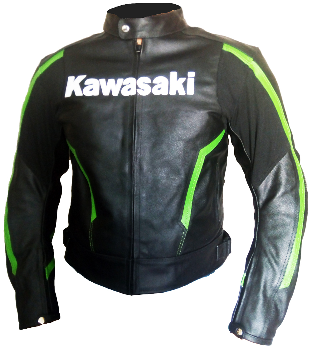 Kawasaki Black green Motorbike Scooter Biker Leather Jacket Men Protected - Jackets