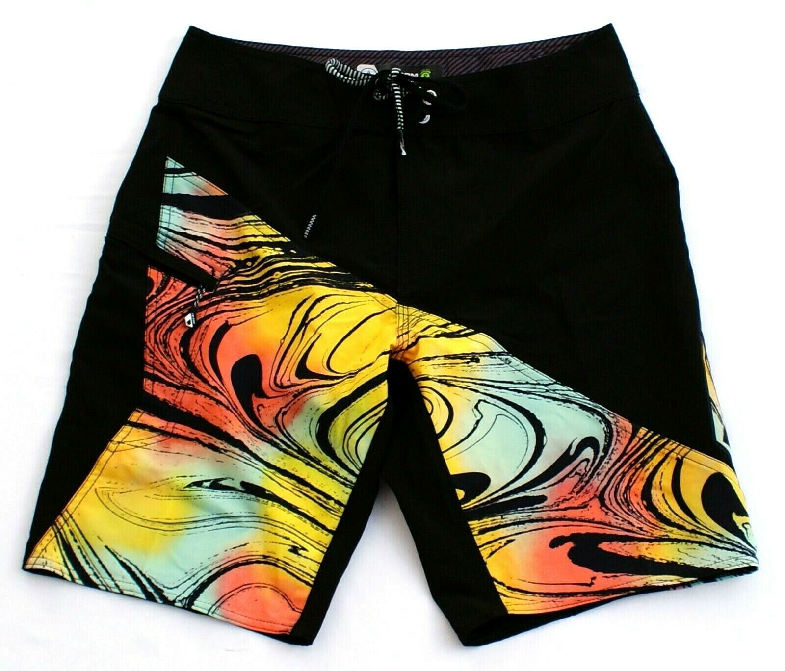 Black & Multicolor 4 way Stretch Boardshorts Swim Trunks Men's