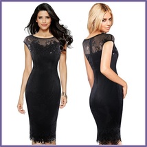 Elegant Black Crochet Butterfly Lace and Sequins Overlaid Red or Black Sheath  image 3