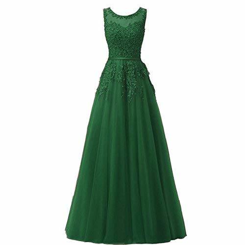 Lemai Long Beaded Lace Appliques Pearls Tulle Juniors Prom Evening Dress Emerald