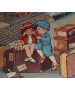 A/S M. Boriss Sad Boy &amp; Girl, Dog at the Train Station Vintage Comic Pos... - $10.00